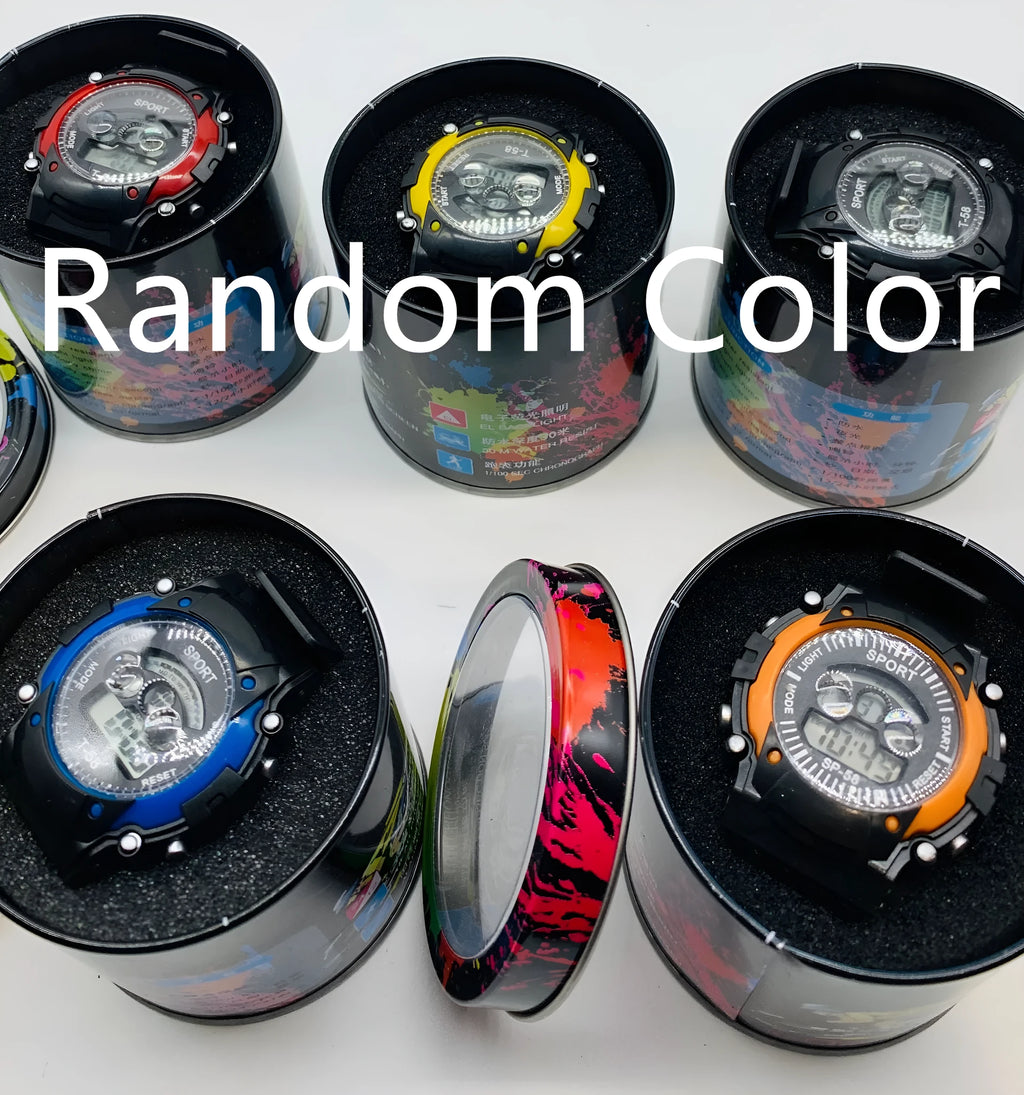 Digital sports watch for students with silicone strap, plastic case, and alarm display