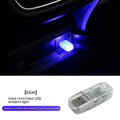 USB car atmosphere light unit with touch controls for steady white, blue, pink, ice blue, and voice-controlled RGB lighting.