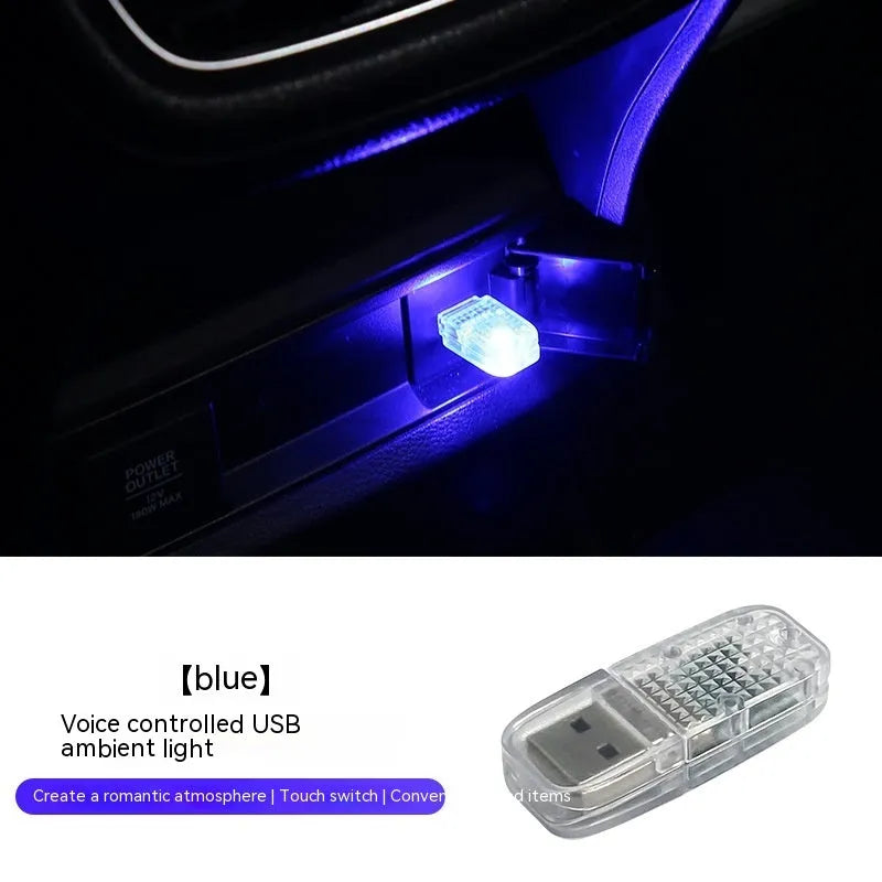 USB car atmosphere light unit with touch controls for steady white, blue, pink, ice blue, and voice-controlled RGB lighting.