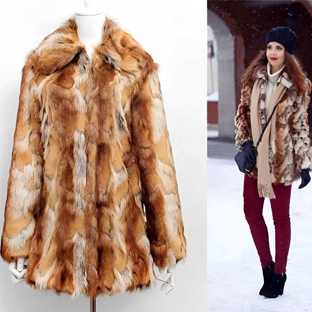 Women's faux fur leather jacket with a bold tiger pattern, long sleeves, and a medium length fit.