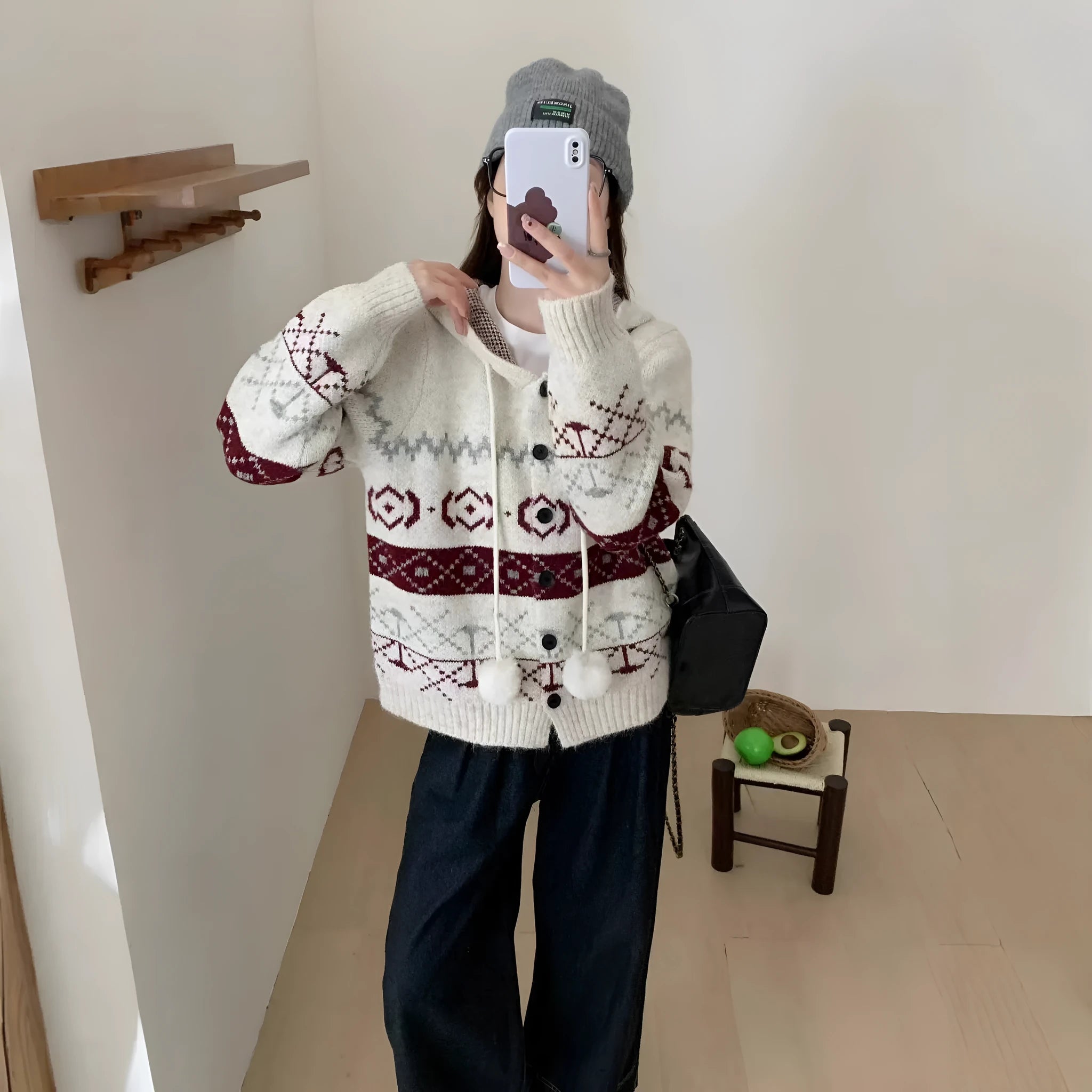 Plus size women's loose fit brocade sweater coat with geometric pattern in milky white