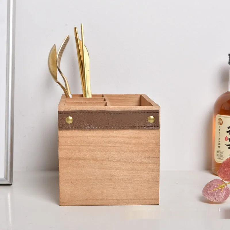 Wooden kitchen storage box with grid dividers for cutlery organisation