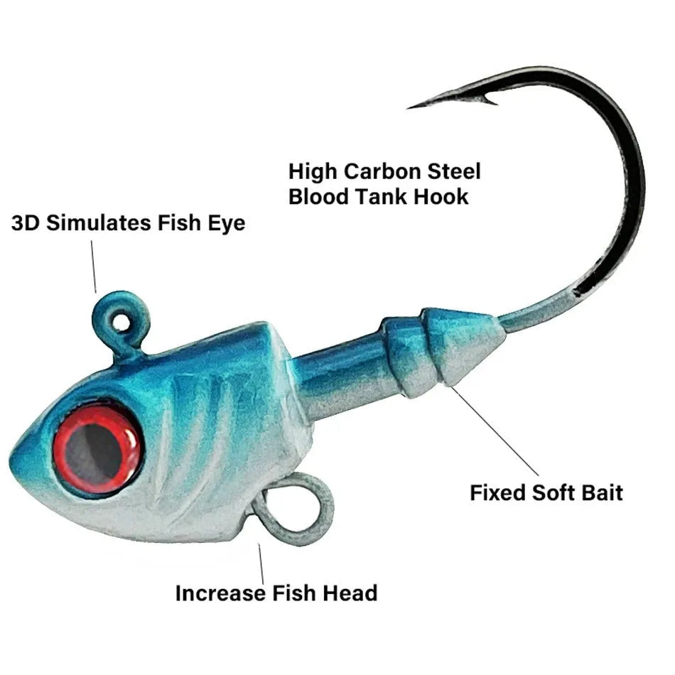 Blue, silver, and yellow lead jig head fishing hooks with fish-shaped weights in various sizes.
