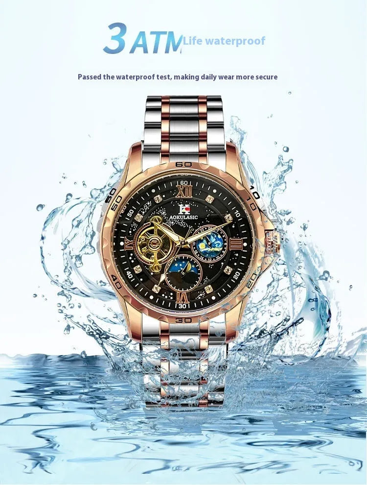 Men's rose gold and black automatic mechanical watch with large dial on wrist