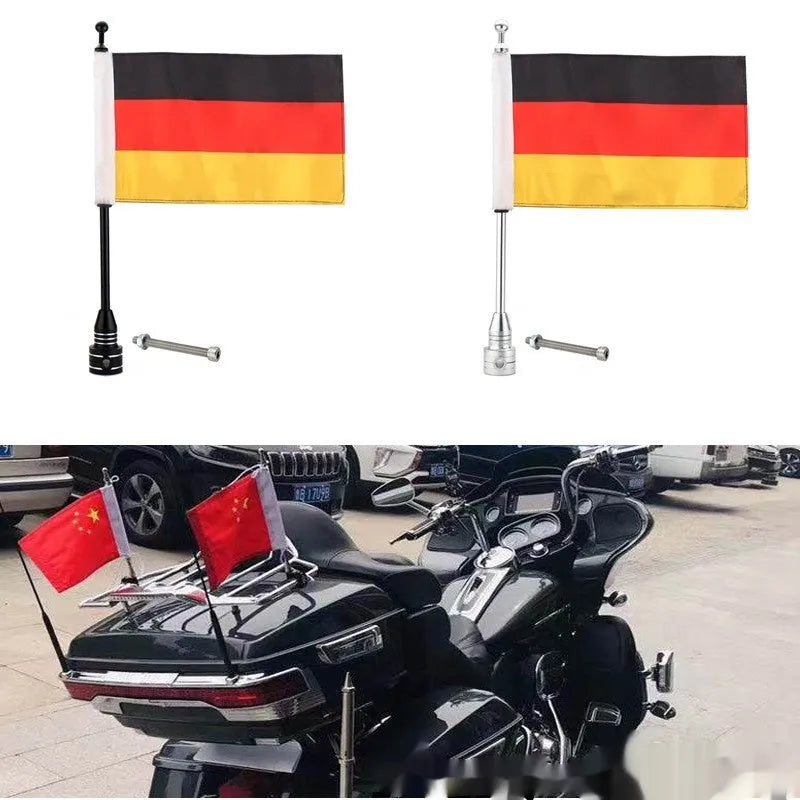 Motorcycle side box bumper parcel rack flagpole in black or silver finish