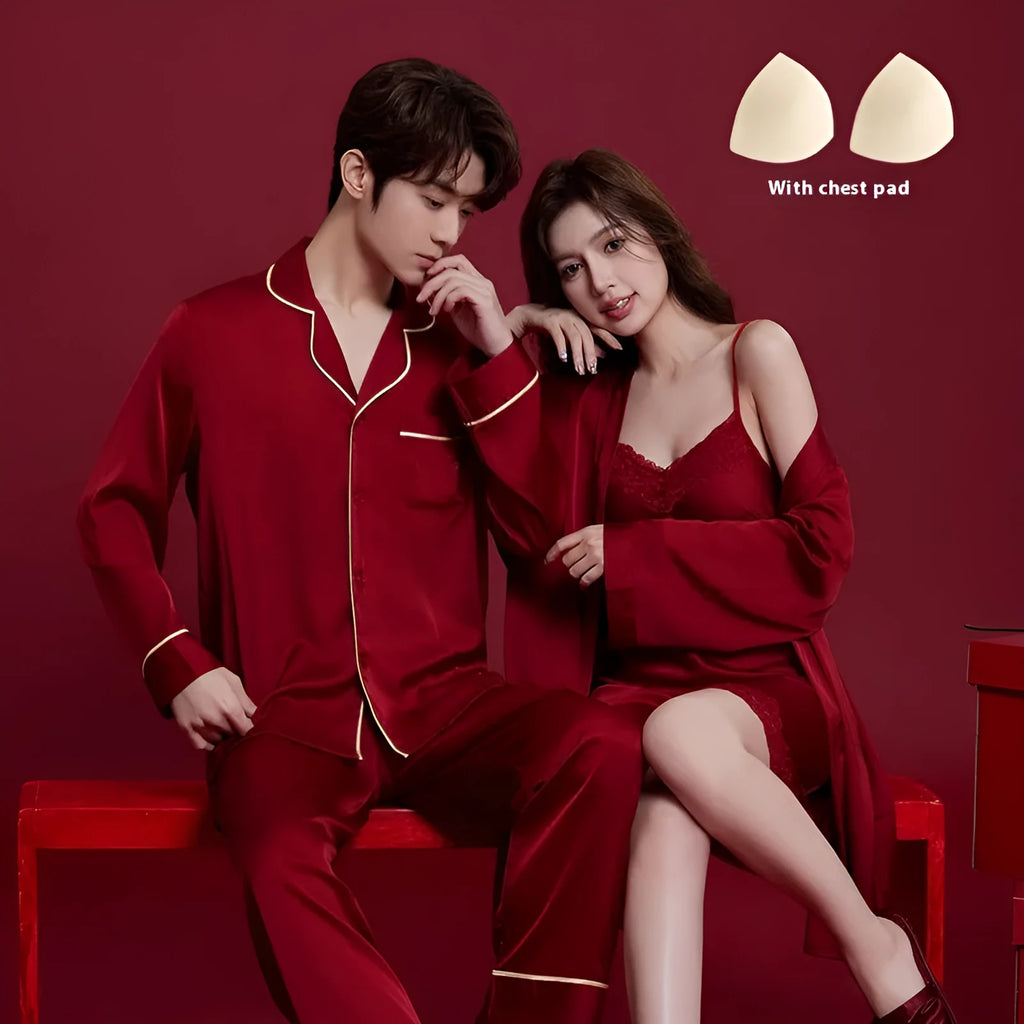 Red polyester wedding dowry suit set for a man and woman, featuring long sleeves and trousers.