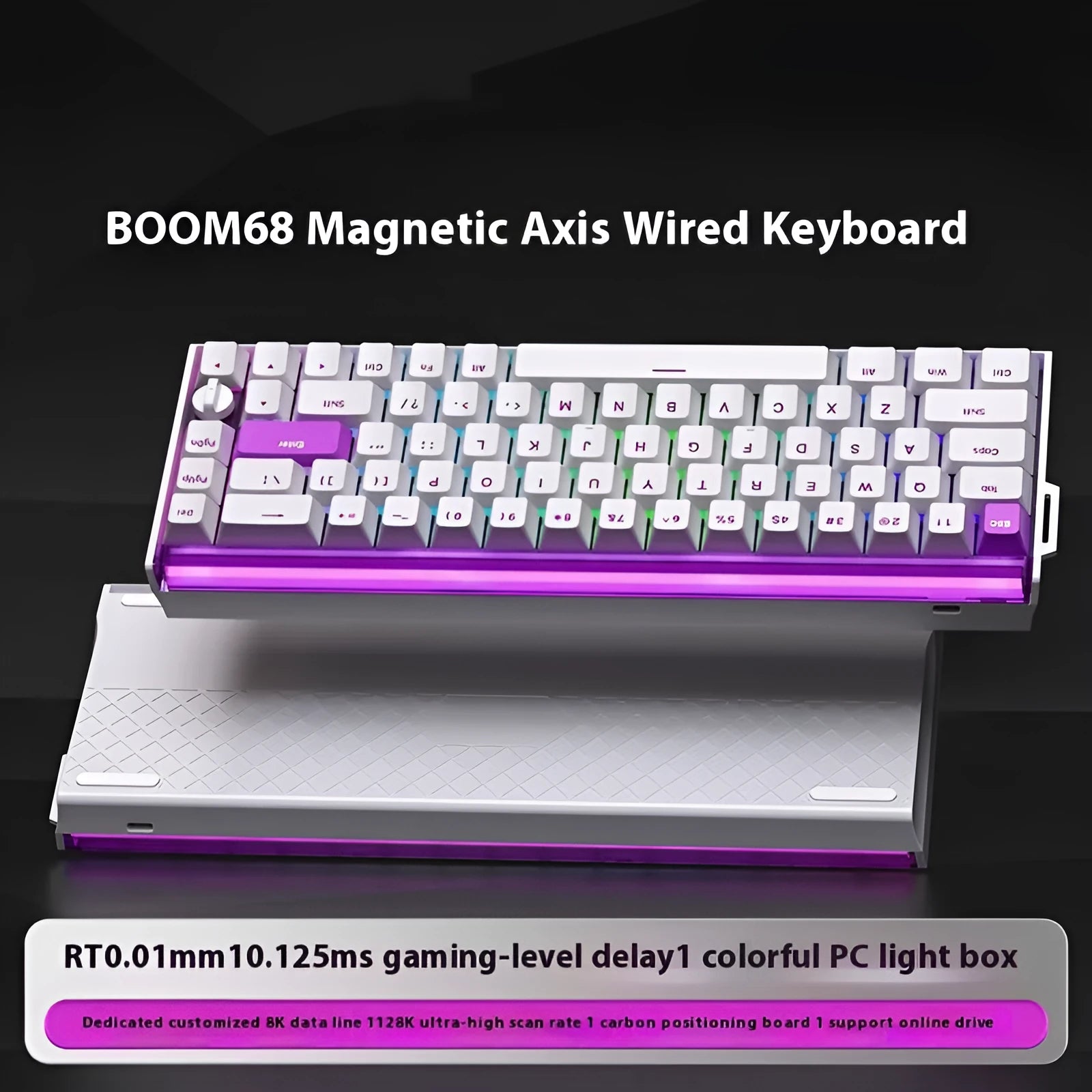 BOOM68 compact mechanical gaming keyboard with RGB backlighting on a desk