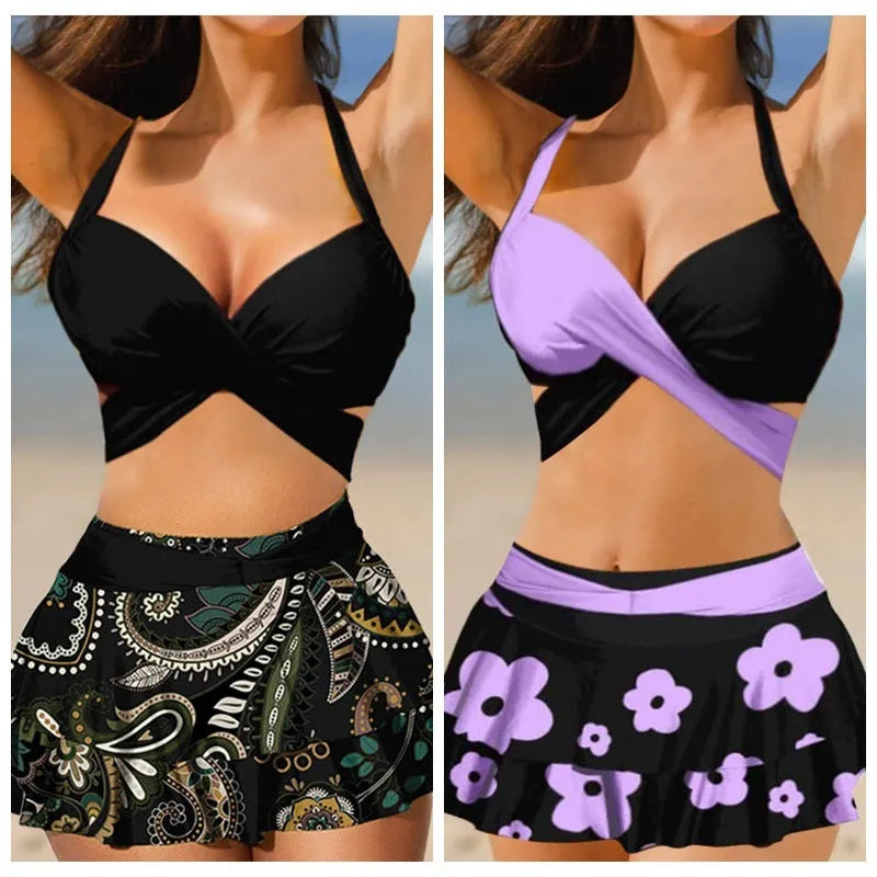 Women's purple bikini swimsuit with matching skirt featuring high waist briefs and lace-up design
