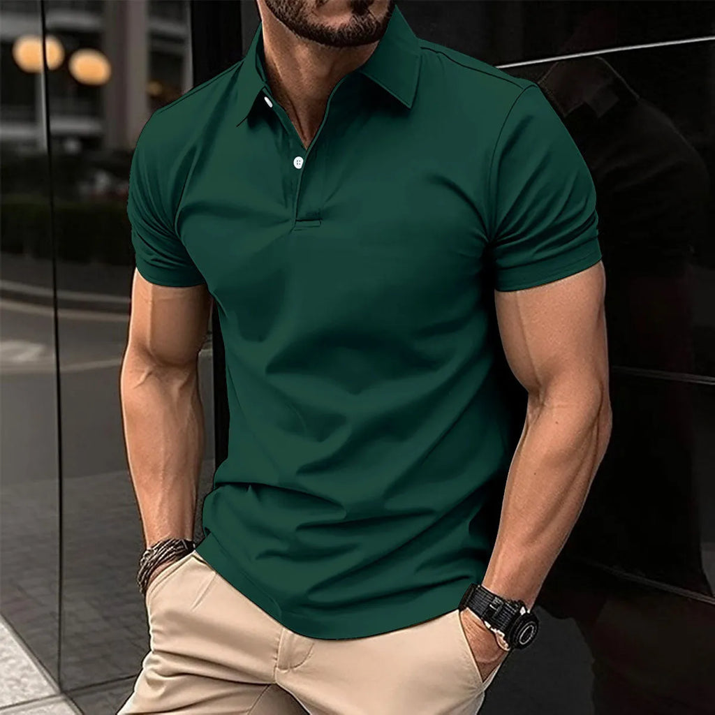 Men's solid colour short sleeve polo shirt with button lapel collar in a cotton mix fabric.