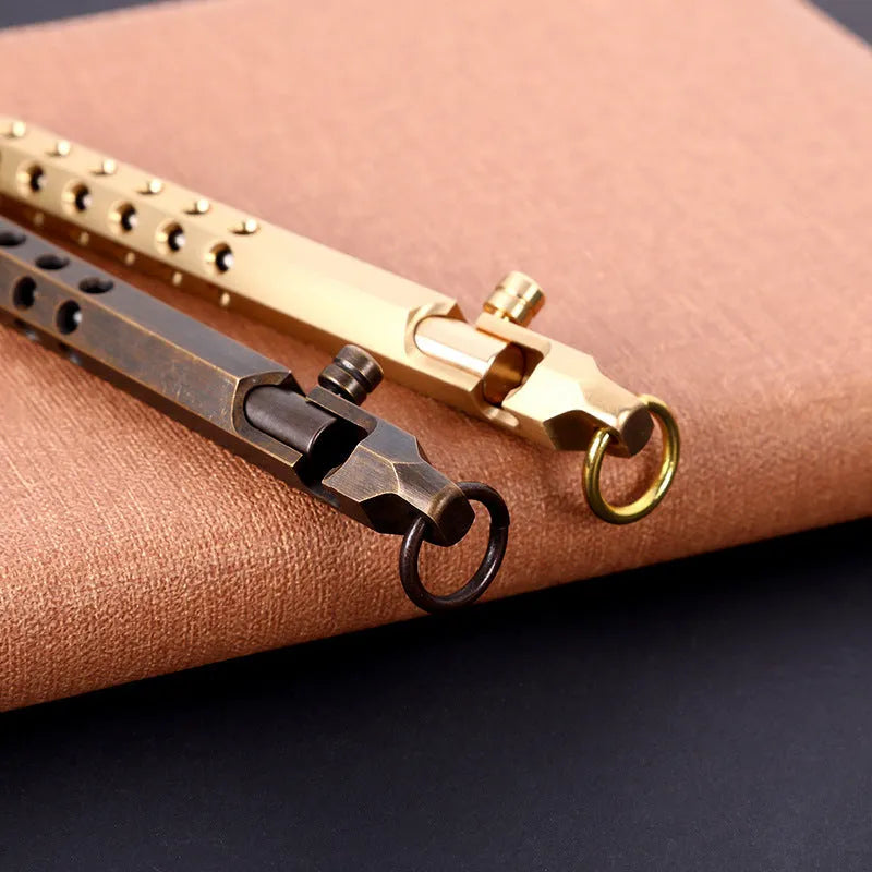 Brass hexagonal bolt roller pen with a 0.5mm tip shown in natural brass and retro black colours.
