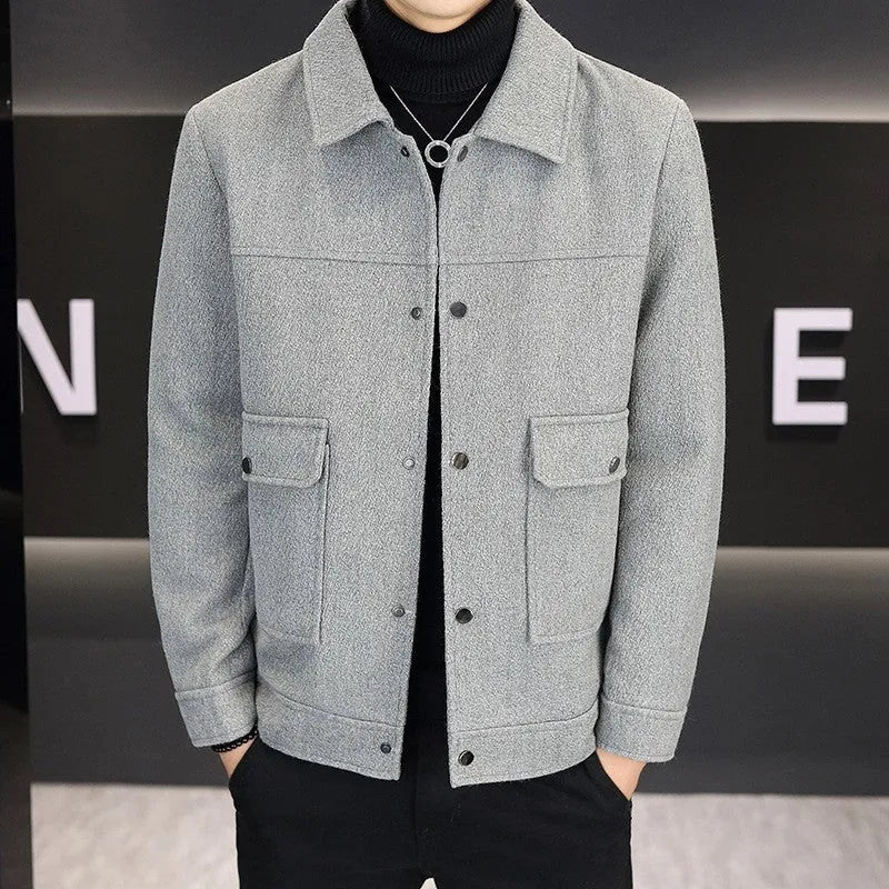 Casual polo collar jacket in cotton blend fabric showing side seam pockets and available in khaki or grey colours