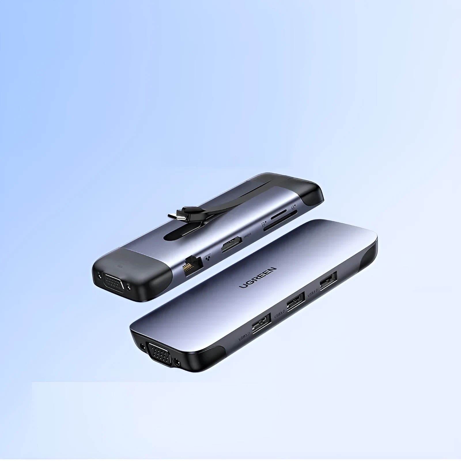 USB-C multi-port expansion dock showing HDMI, VGA, USB 3.0, Ethernet, and card reader ports with connected cables.