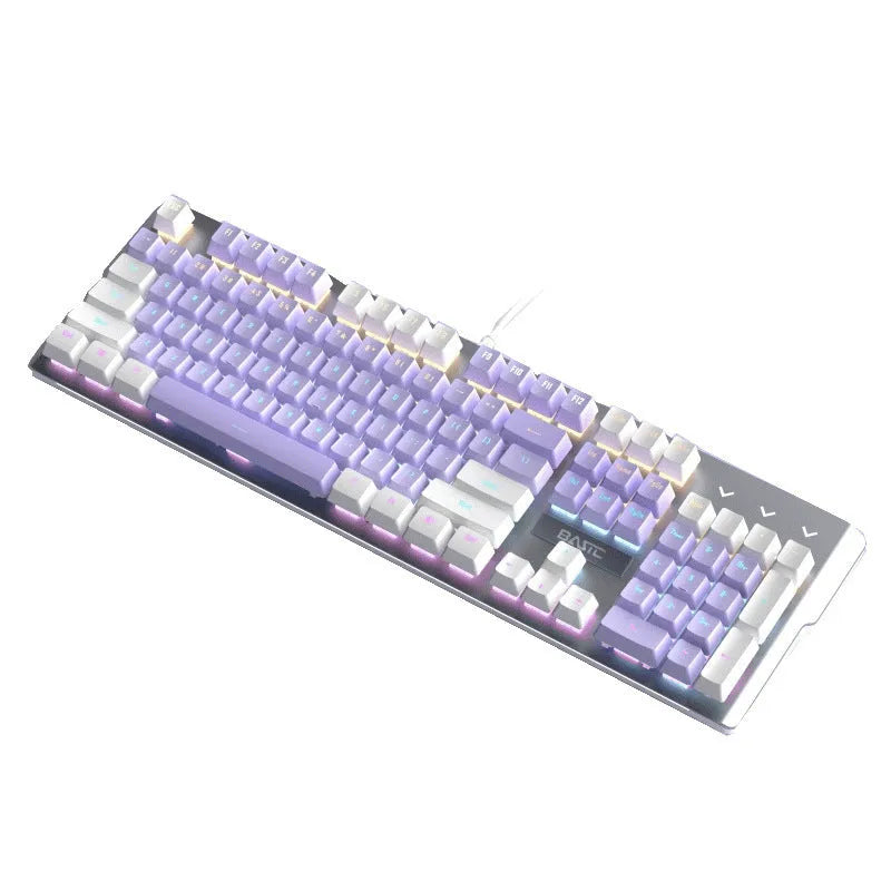 Purple and white wired mechanical keyboard and mouse combo set on a desk.