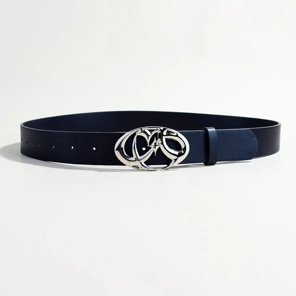 Silver buckle casual belt made from black PU leather with snap button fastening, 3.3cm wide