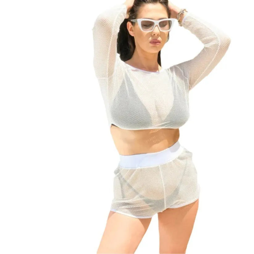White transparent mesh women's beach swimsuit with matching skirt
