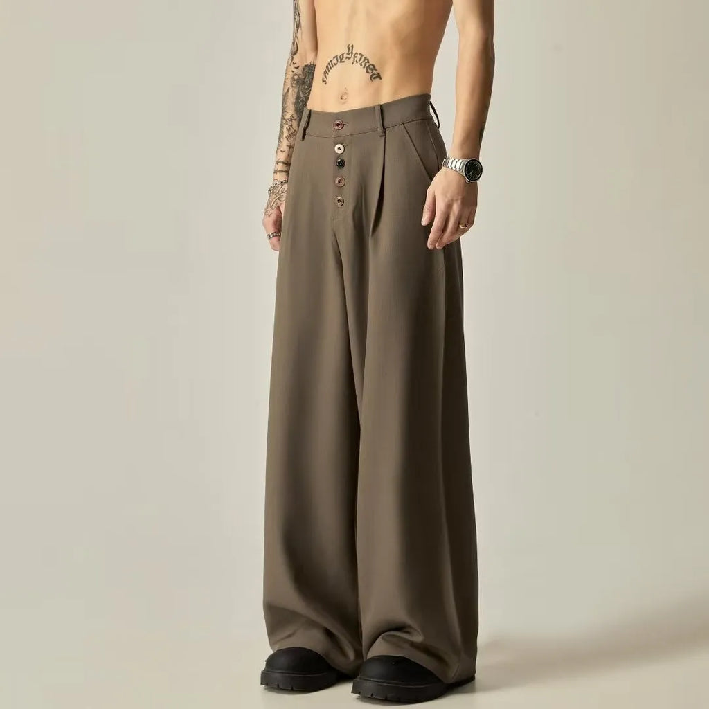 Men's straight leg casual trousers in black or brown with micro elasticity waist and cardigan button closure
