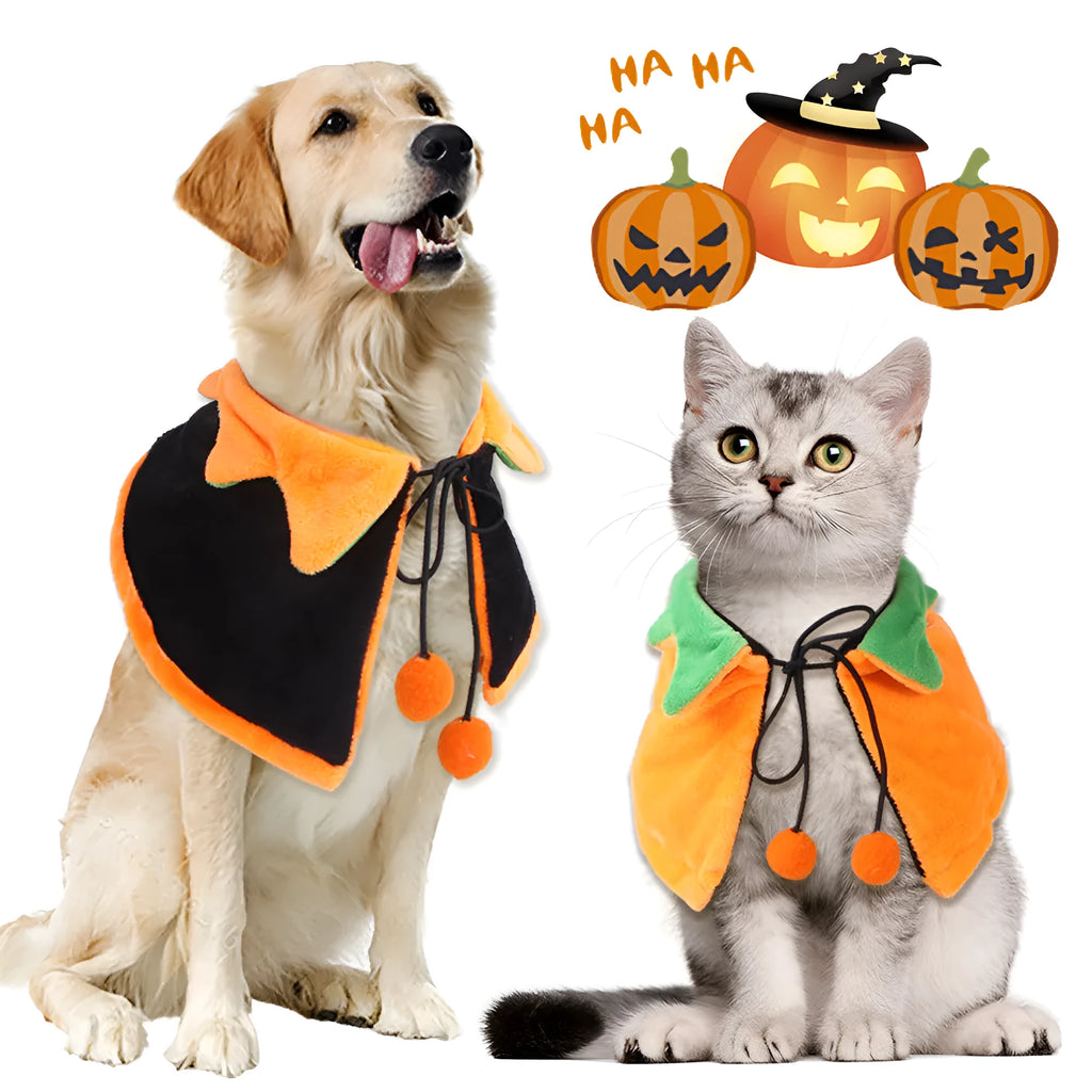 Halloween pet cloak with double-sided pumpkin design on plush material for dogs and cats