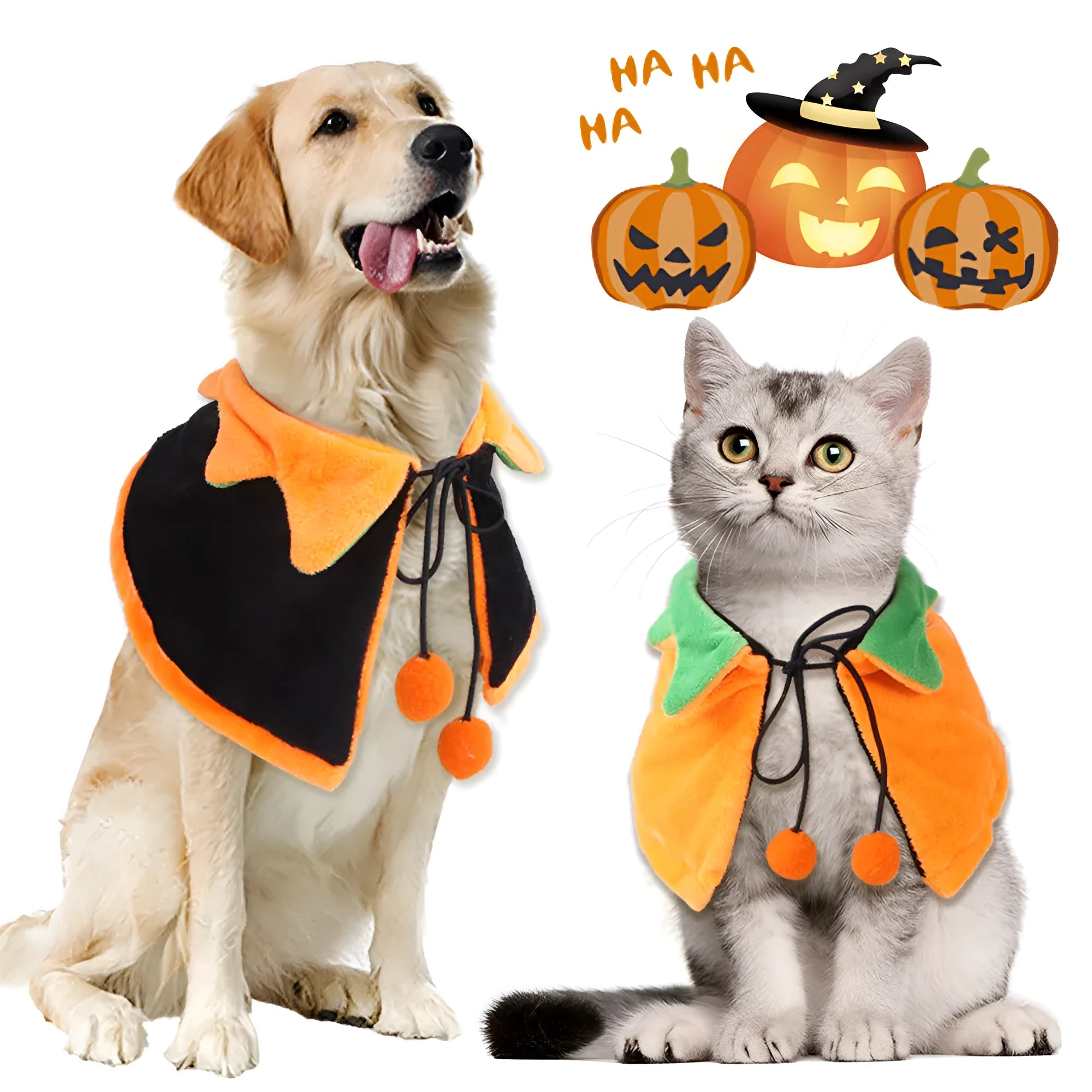 Halloween pet cloak with double-sided pumpkin design on plush material for dogs and cats
