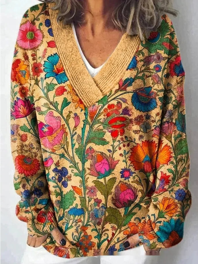 Women's V-neck long sleeve sweatshirt with a white-based 3D floral print pattern.