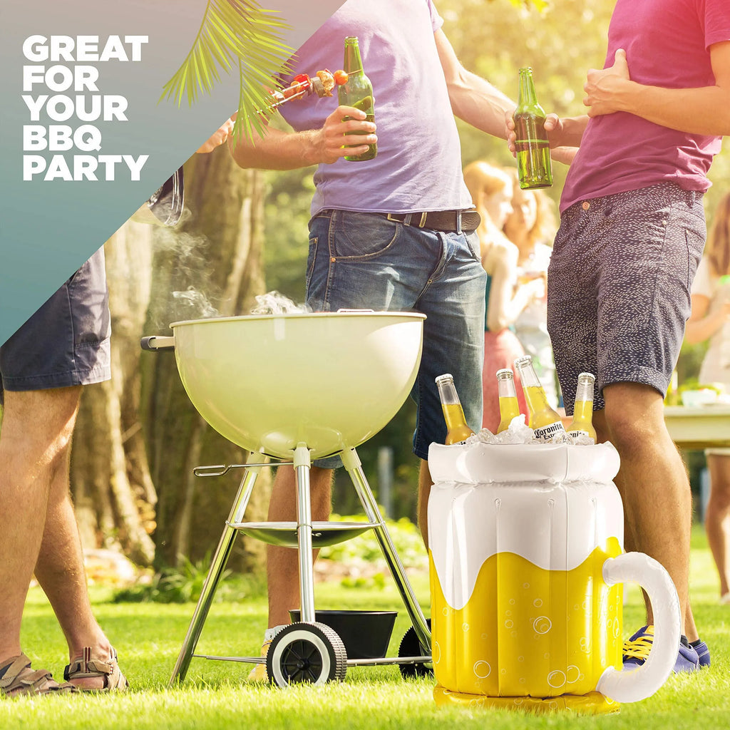 Yellow inflatable beer mug cooler pool float, 44cm x 32cm PVC drink holder for parties