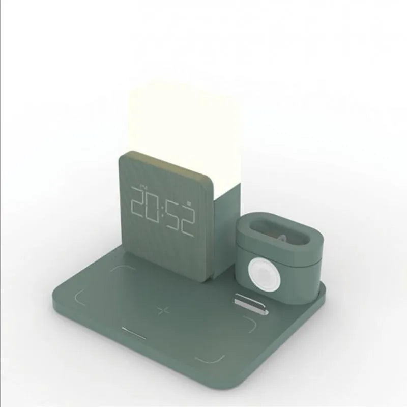 3-in-1 Qi wireless charging stand showing phone and AirPod charging simultaneously