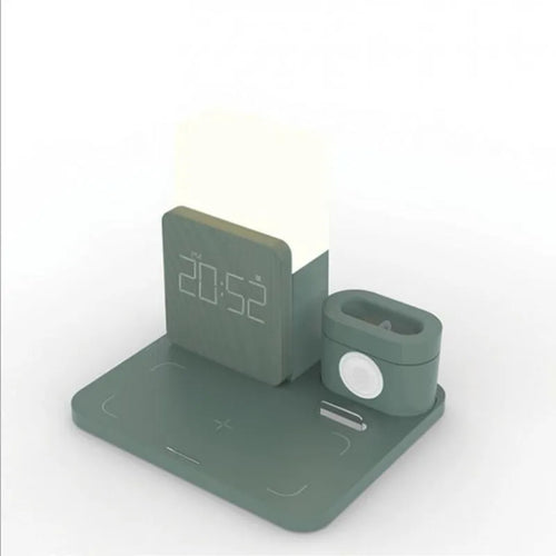 3-in-1 Qi wireless charging stand showing phone and AirPod charging simultaneously