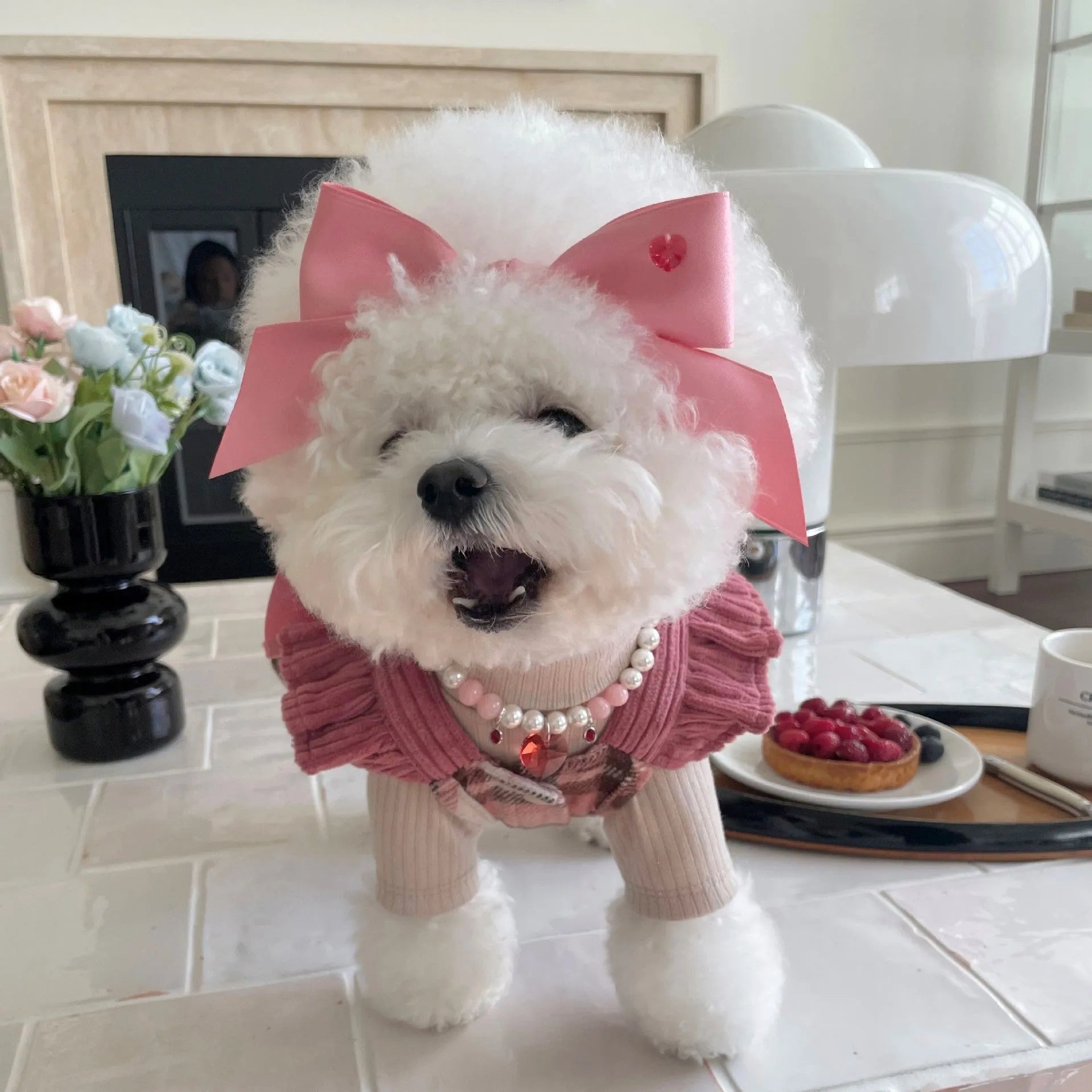 Princess style dog hair band with adjustable bow on polyester cotton ribbon