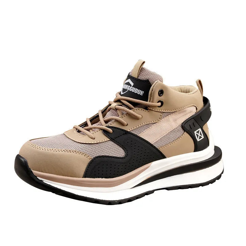 Black steel toe cap safety work boots with lace-up front and rubber anti-penetration sole