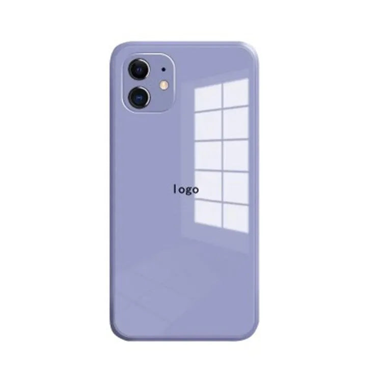 Liquid silicone tempered glass phone case for iPhone 12-14 Pro Max in black, blue gray, cherry purple, granny grey, white