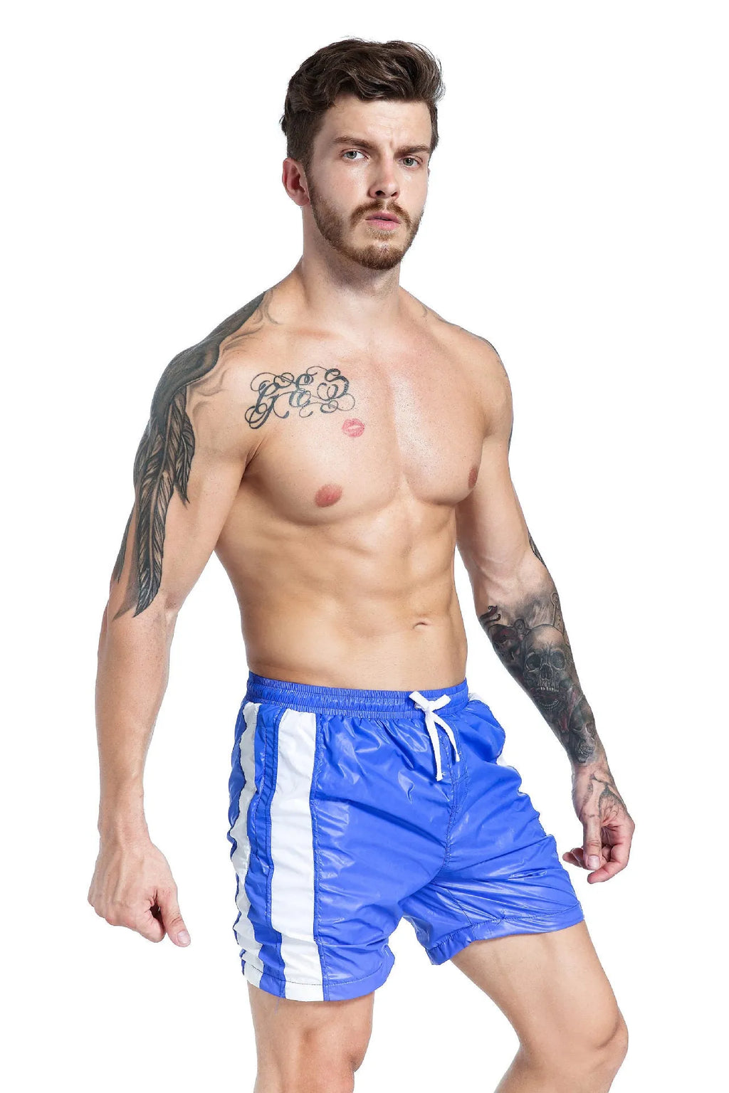 Men's blue slim fit sports shorts with lace-up waist and padding for running activities