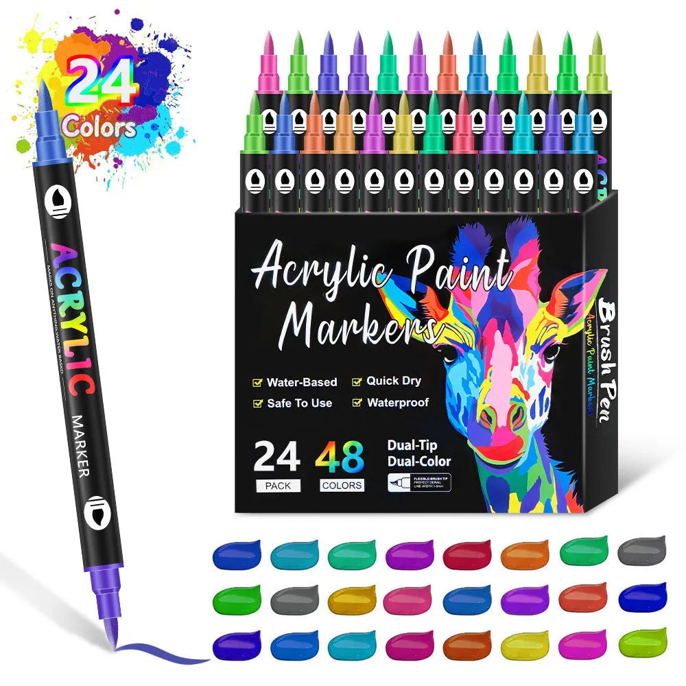 Set of double-headed acrylic paint marker pens in a case, showing two tips per pen.