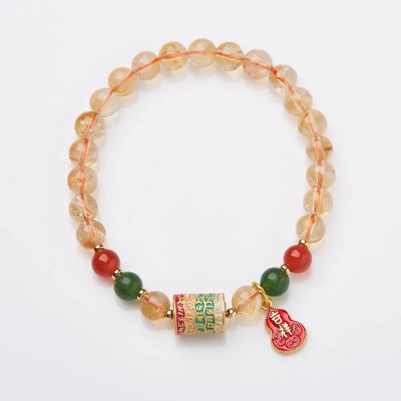 Hand-woven citrine five sutra bracelet with 6mm crystal beads and geometric design