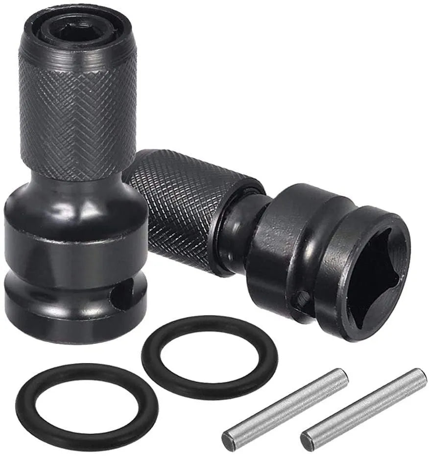 Square turn hexagonal handle telescopic scaling bit holder for electric wrenches converting between 1/4 and 1/2 inch drive sizes.