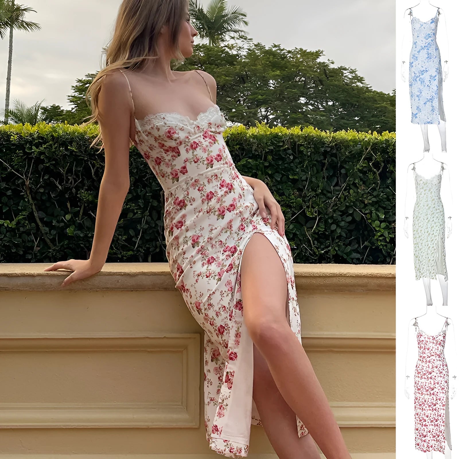 Women's lace print long dress with thigh slit and suspender straps in blue colour
