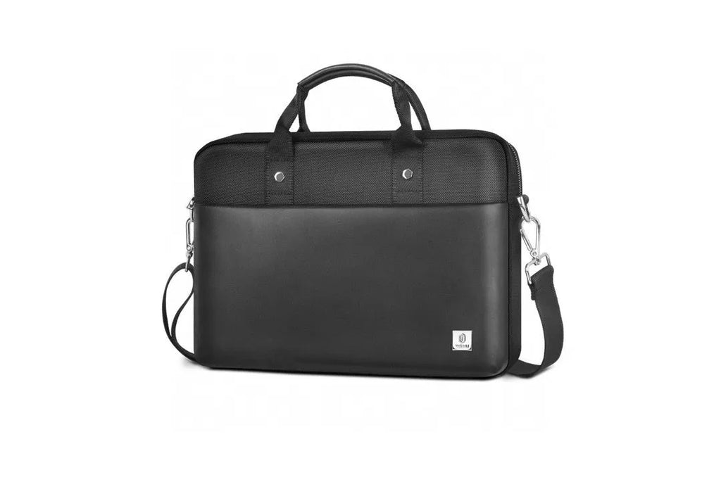 Black Oxford cloth laptop backpack showing multi-pocket design and lock closure, sized for 14 or 15.6 inch devices.