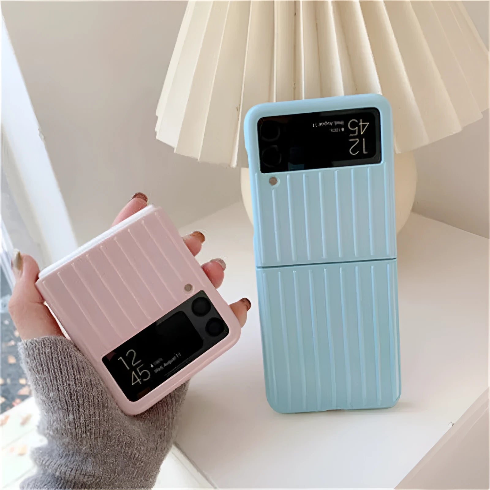 Samsung Z Flip3 ultra-thin flip phone case in solid colour options including black, red, pink, silver, gold, sky blue and light green.