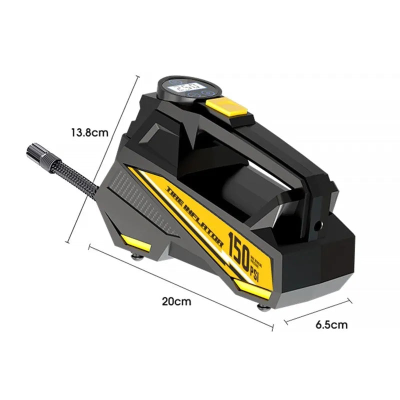 Black portable electric tyre inflator with digital display for vehicle tyre pressure maintenance