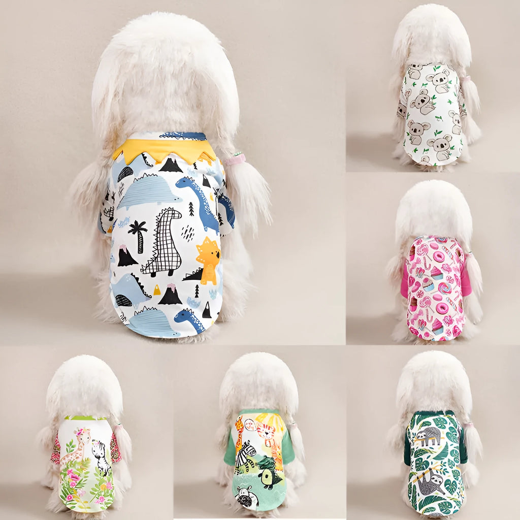 Small dog wearing full-print polyester t-shirt in casual style for spring or autumn
