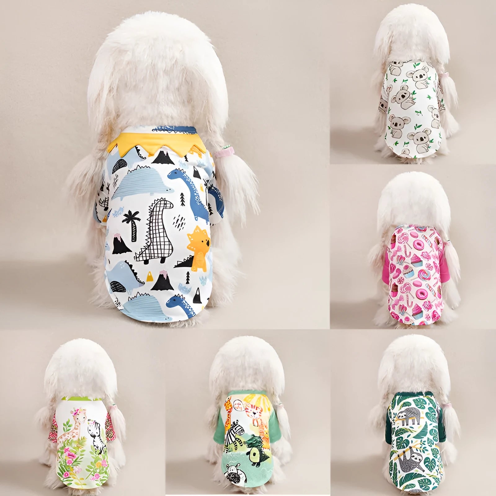 Small dog wearing full-print polyester t-shirt in casual style for spring or autumn