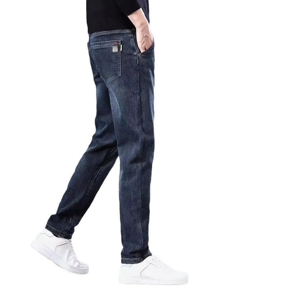 Men's slim straight loose casual trousers in blue grey or black, made from thin polyester fabric with micro elasticity.