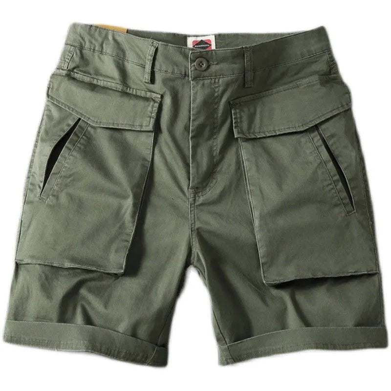 Men's cotton cargo shorts in Army Green colour with multiple pockets and straight leg design