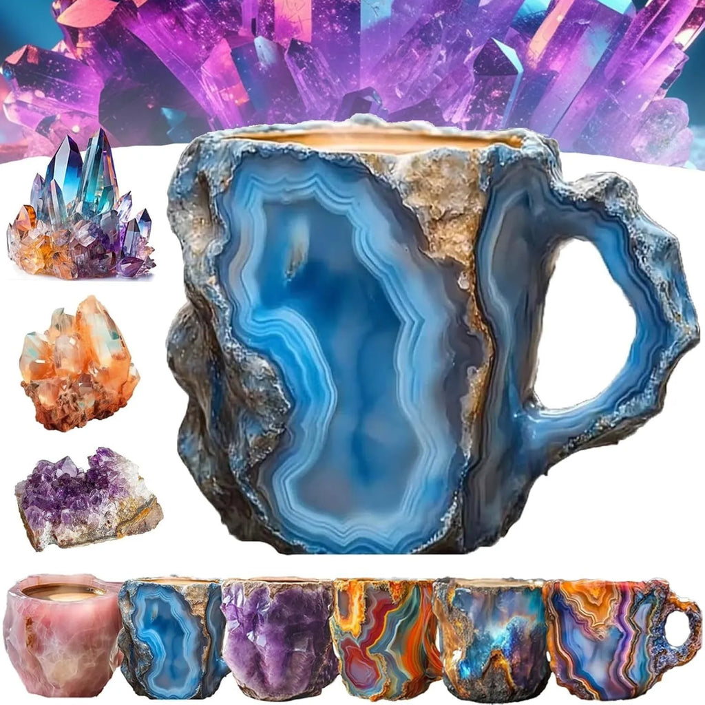 Resin mineral crystal coffee mug with handle in purple colour showing transparent construction