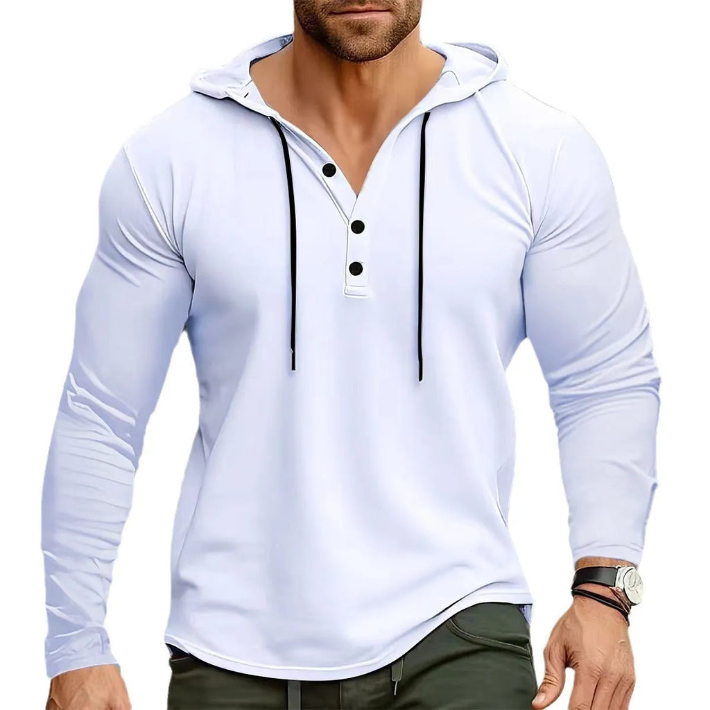 Men's hooded long sleeve sports top in thin polyester fibre, available in ten colours and sizes S to XXXL