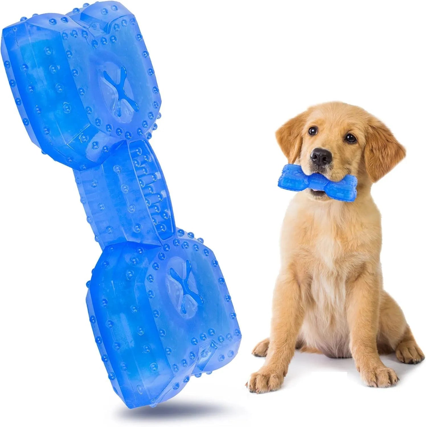 Freezable bone-shaped and circle-shaped dog cooling chew toy filled with purified water.