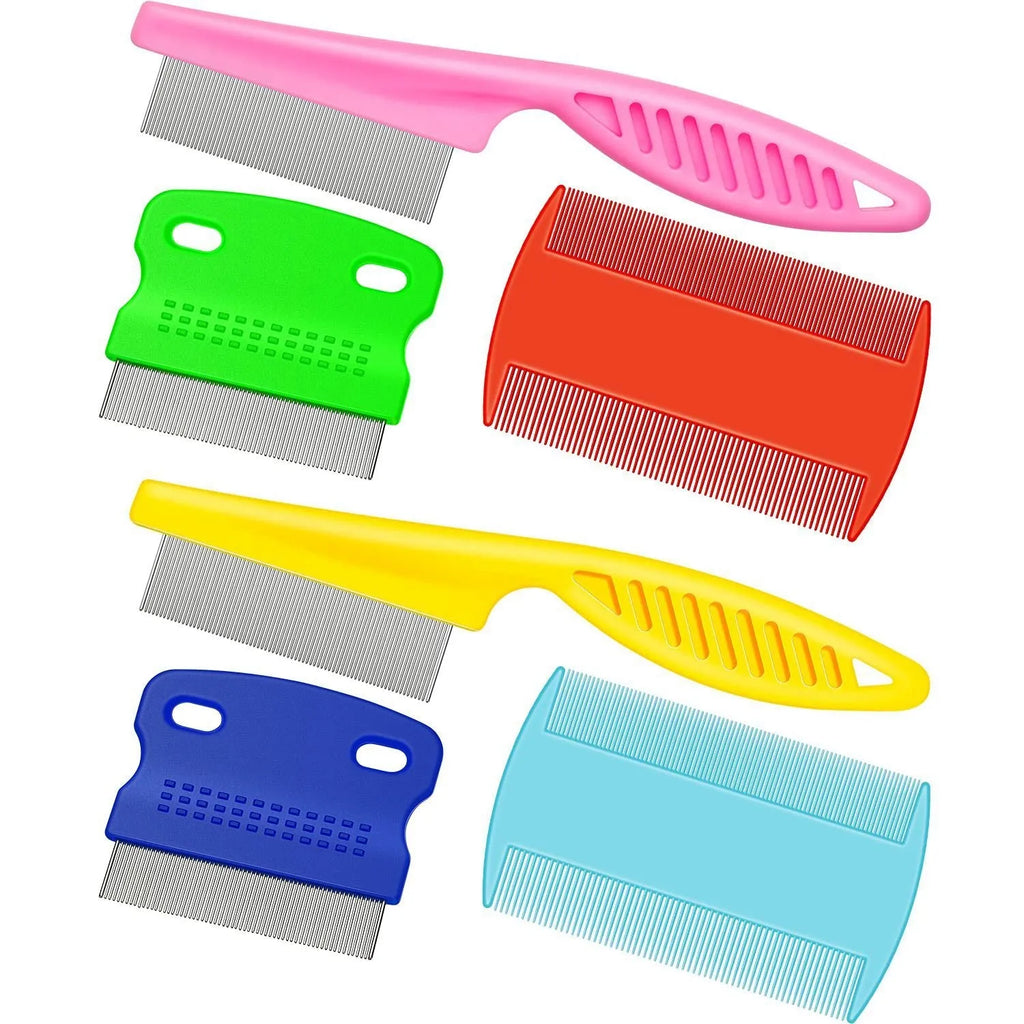 Blue stainless steel dense gear pet flea comb, 4-piece set with large comb 64G or small comb 54G.