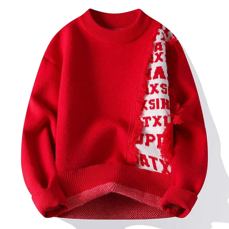 Men's loose fit knitted pullover with ribbed hemline in polyester and rabbit fur blend