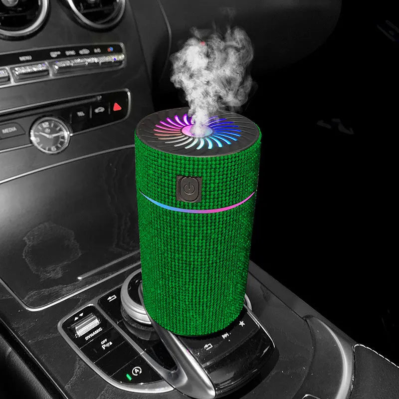 Car mounted air purifier and humidifier unit with diamond finish and LED lighting in seven colour options