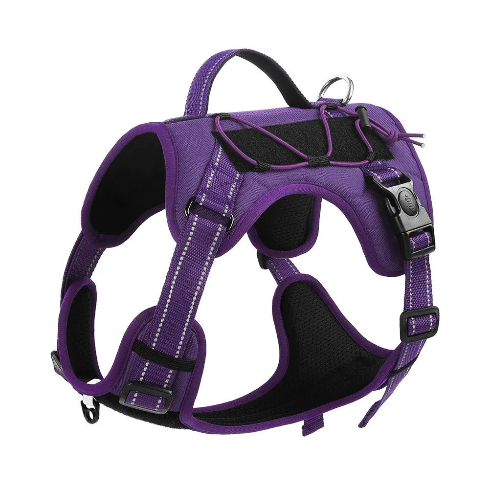 Orange PU dog harness with reflective trim and matching lead with black handle grip.