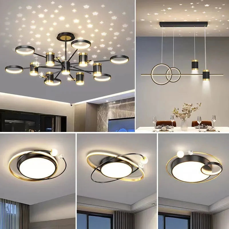 Black iron pendant chandelier with 13 lights in a Nordic star design, featuring a remote control.