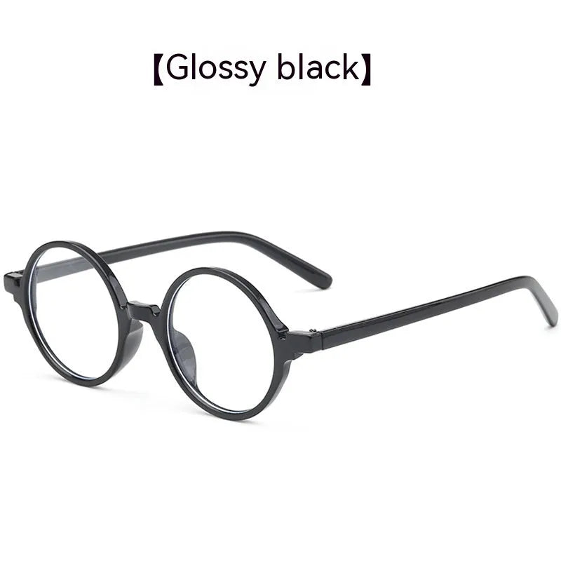 Retro round glasses with no diopters in bright black, sand black, tofu pudding, and transparent grey colours